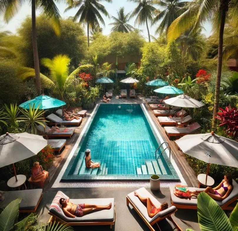 Serena Condos tropical garden pool and lounge deck